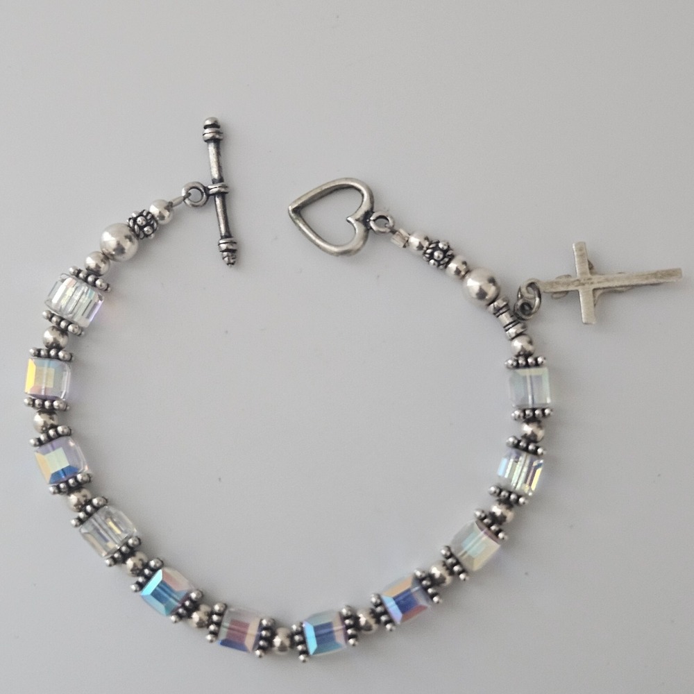 Sterling Silver Faceted Crystal AB Bracelet Crucifix Charm Toggle Clasp 7.5" - Picture 7 of 10